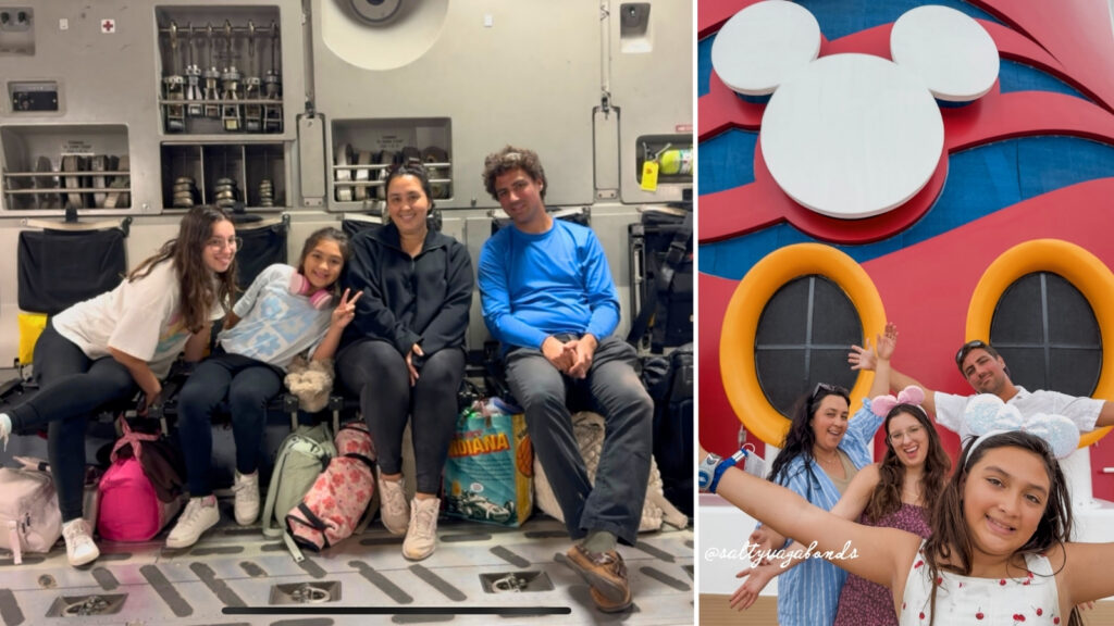 Split screen showing a military family (Salty Vagabonds) of four sitting inside a gray C-17 transport plane for a Space-A flight next to the same family posing in front of the red Mickey Mouse funnel on the Disney Wonder cruise ship.