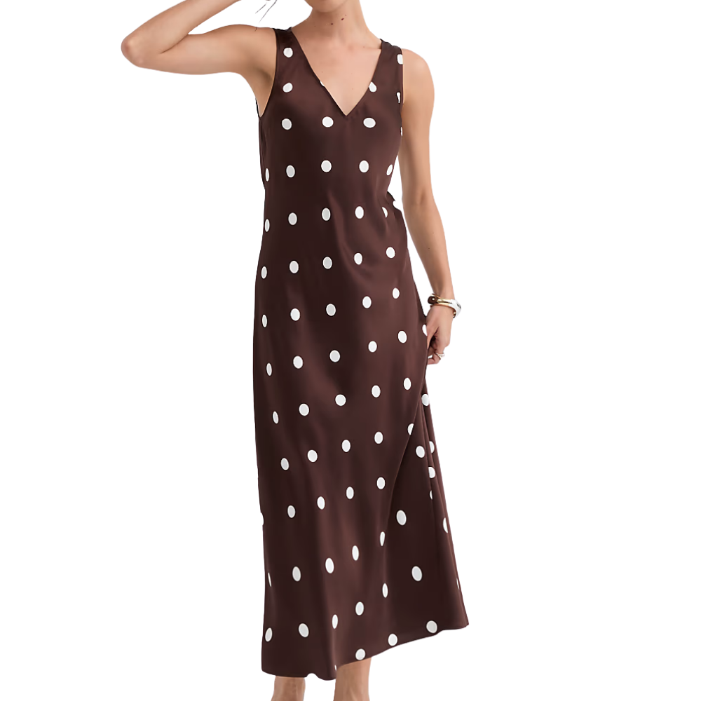 Loft Dotted Satin V-Neck Bias Maxi Dress