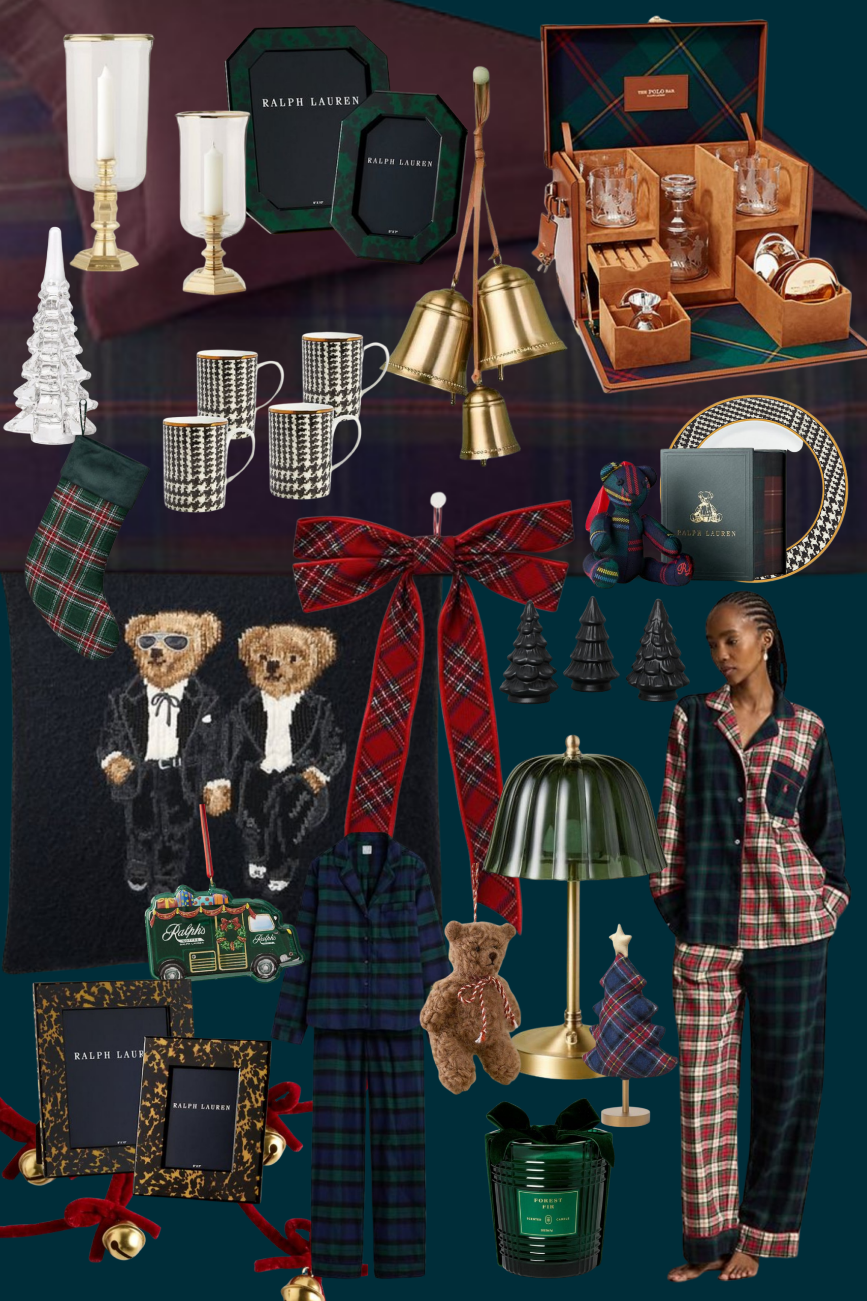 Ralph Lauren Christmas decor ideas with tartan plaid pajamas, Polo bear pillow, brass bells, and a plaid tree bow